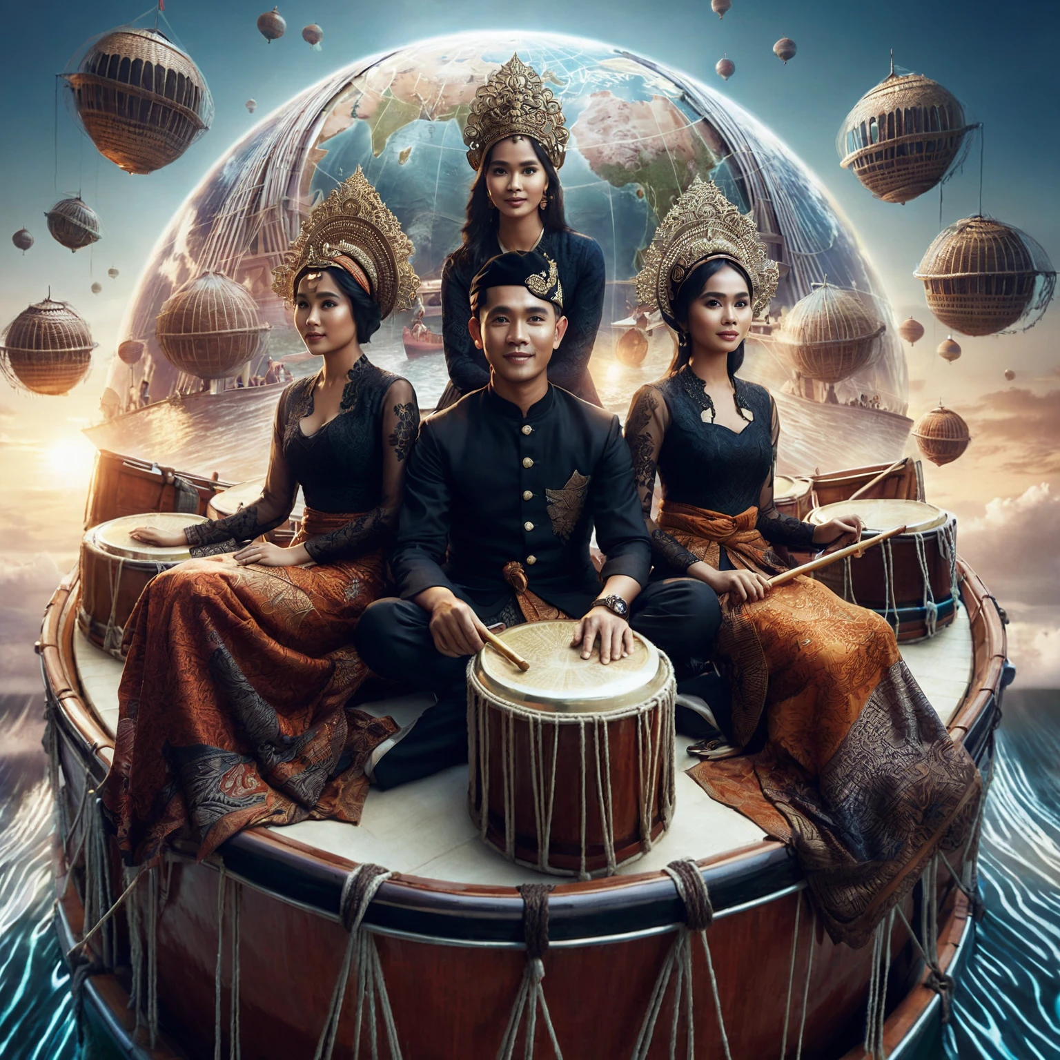 arafed image of a group of people sitting on a boat with a globe in the background, movie promotional image, inspired by Rudy Siswanto, portrait shot, official artwork, photo render, an indonesian family portrait, indonesia, ethnic fantasy, album art, tithi luadthong, promotional image, fanart, inspired by Erik Pevernagie