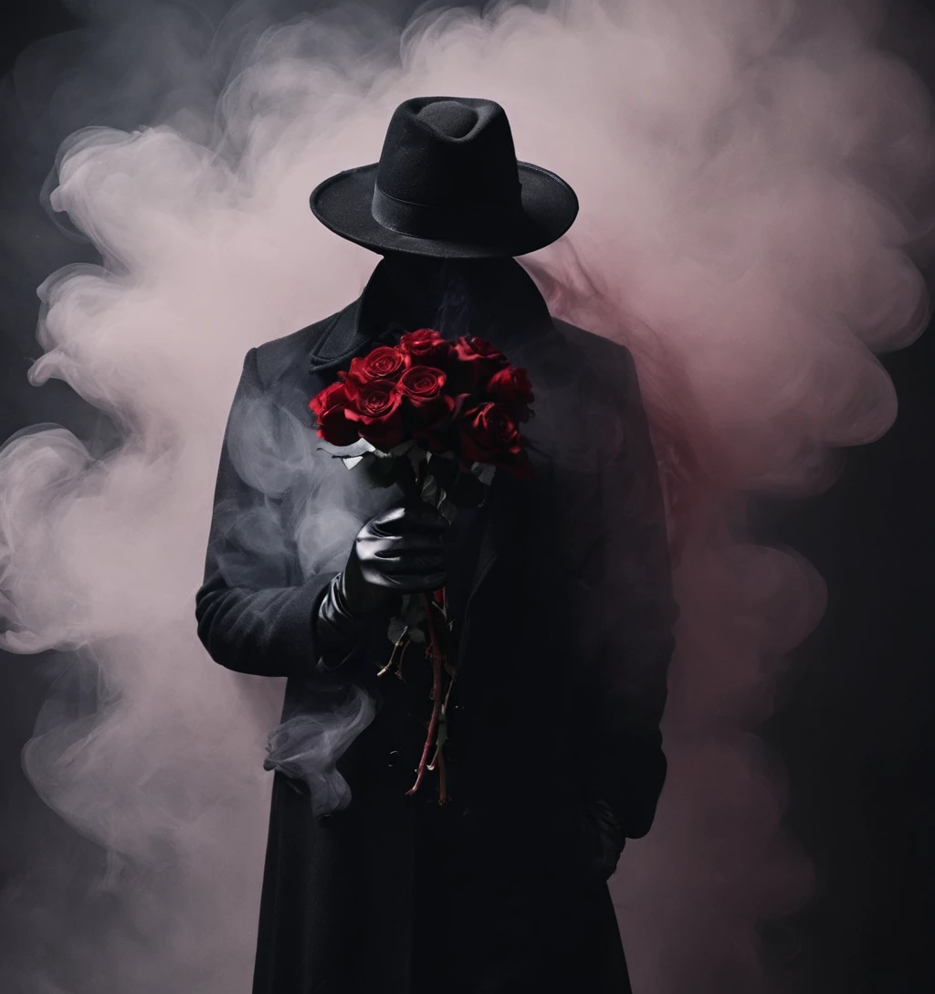 ,wwm,solo,1boy,gloves,male focus,coat,monochrome,black gloves,beij,flower,rose,black background,red flower,simple background,smoke,red rose,solo,