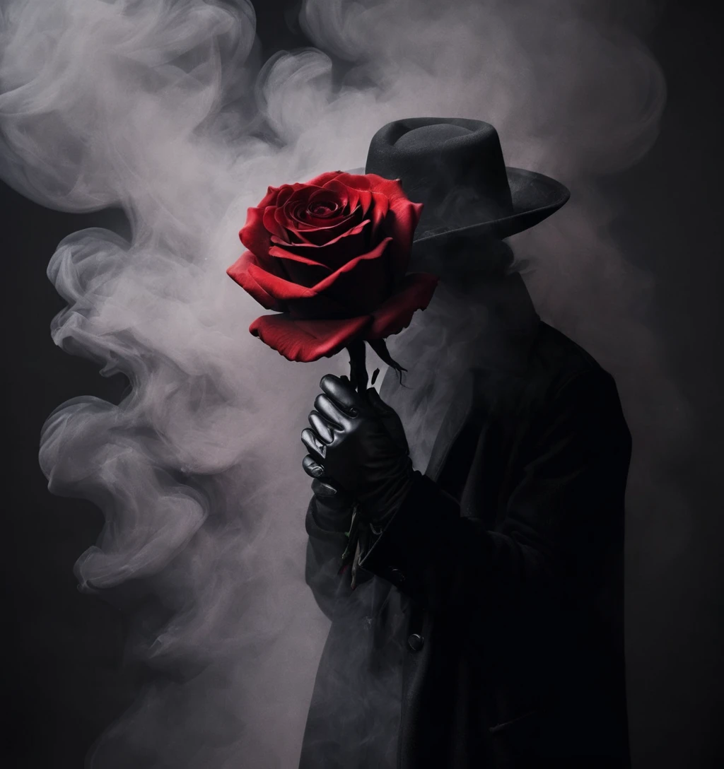 ,wwm,solo,1boy,gloves,male focus,coat,monochrome,black gloves,beij,flower,rose,black background,red flower,simple background,smoke,red rose,solo,
