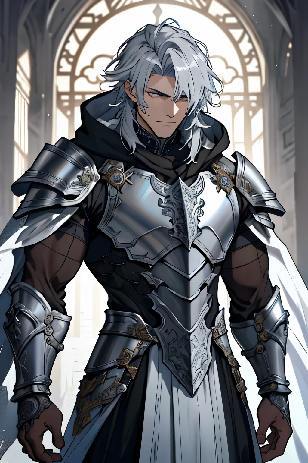The image delineates a character bedecked in detailed and ornate armor, exhibiting an array of intricate designs and patterns. The armor radiates a metallic sheen, with a harmonious blend of various shades, ranging from charcoal gray to shimmering silver. The armor's construction boasts overlapping plates, intricate reliefs, and what appear to be mesh elements, adding to its overall grandeur. A white cloak, draped over one of the character's shoulders, complements the armor's majesty. The character's white, disheveled hair adds a touch of ruggedness to the overall appearance.