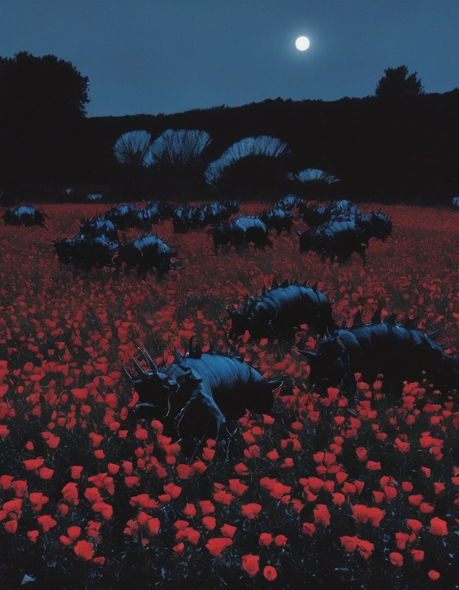 film photography, vintage, long view of red roses field with black monsters , blue dark forest night background