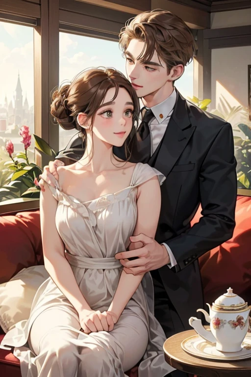 (table top, digital illustration, 4k, 8k, super detailed, beautiful images, clear image, perfect face, perfect lines, perfect eyes, soft lighting) 1 female, (light brown hair,chignon hair,innocent look,droopy eyebrows,droopy eyes、With a round face,round chin、innocence,cute,Big eyes,natural makeup,smile gently,E cup,23 years old:1.3),Two handsome men in suits, (human,man wearing a suit,muscular,solid shoulder width, boyish hairstyle,A man in his 30s with a cool expression,28 year old man with a bright smile:1.2),garden full of light、lots of flowers、squirt、colorful flower light,(embarrassing,shy smile:1.2),resort sofa,kiss、カップルkiss、romance porn、male and female couple looking at each other、In a fight、Afternoon tea、lunch