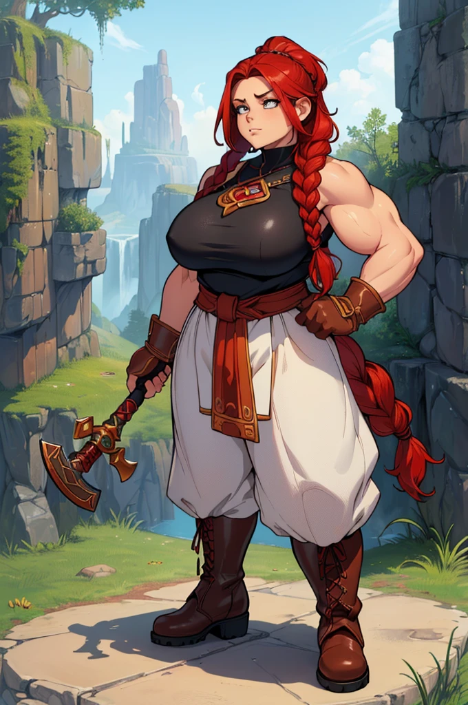 (masterpiece, best quality, high resolution, ((full body, standing,)), ((big breasts)) 1 dwarf woman, (small body), red hair tied in 2 braids, muscular body, dwarf clothes full body fantasy figure, fantasy leather gloves and boots, holding a huge dwarf war axe in hands, powerful posture,