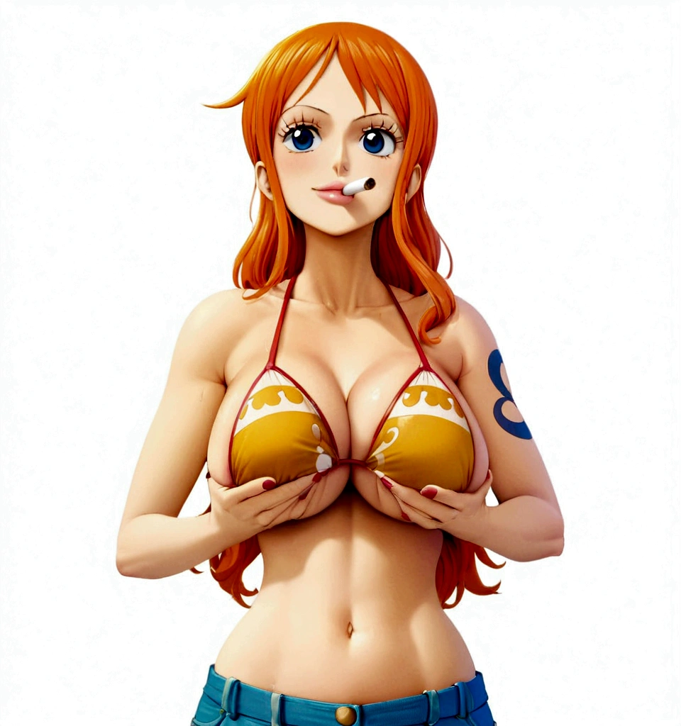 a cartoon picture of a woman in a bikini top and jeans, nami one piece, nami from one piece, nami, beautiful portrait of nami, from one piece, oppai, blue eyes, smoking