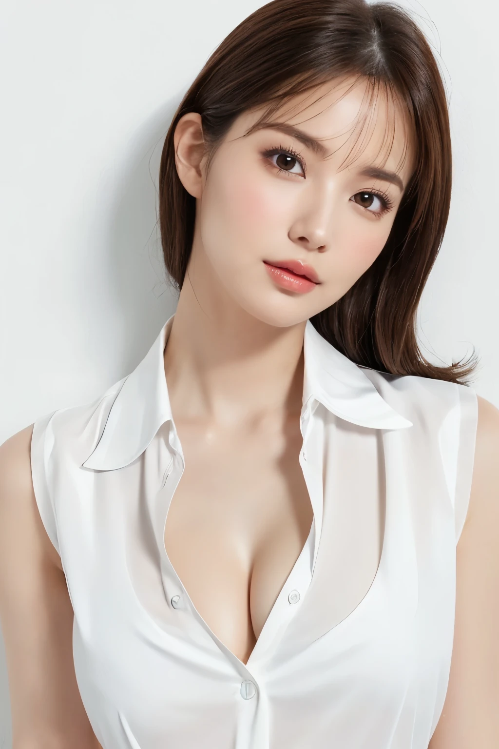 (Highest quality、Tabletop、8K、Best image quality、Award-winning works)、One beautiful mature woman、Elegant and beautiful medium length hair、(Large Breasts:1.3)、(Bright and white skin:1.3)、(Perfect white polyester sleeveless open shirt:1.5)、(The perfect sleeveless open collar shirt:1.2)、(Open button collar shirt:1.4)、(Very bright:1.3)、Bright and shiny shirt、(Leaning against the simplest white wall:1.4)、Face close-up、Beautiful clavicle、(Cleavage:1.3)、Perfect Makeup、Lustrous and bright lips、Accurate anatomy、Ultra-high definition beauty face、Ultra HD Hair、Super high quality sparkling eyes、(Ultra-high resolution glossy skin:1.1)、Super high quality glossy lip、Look straight ahead