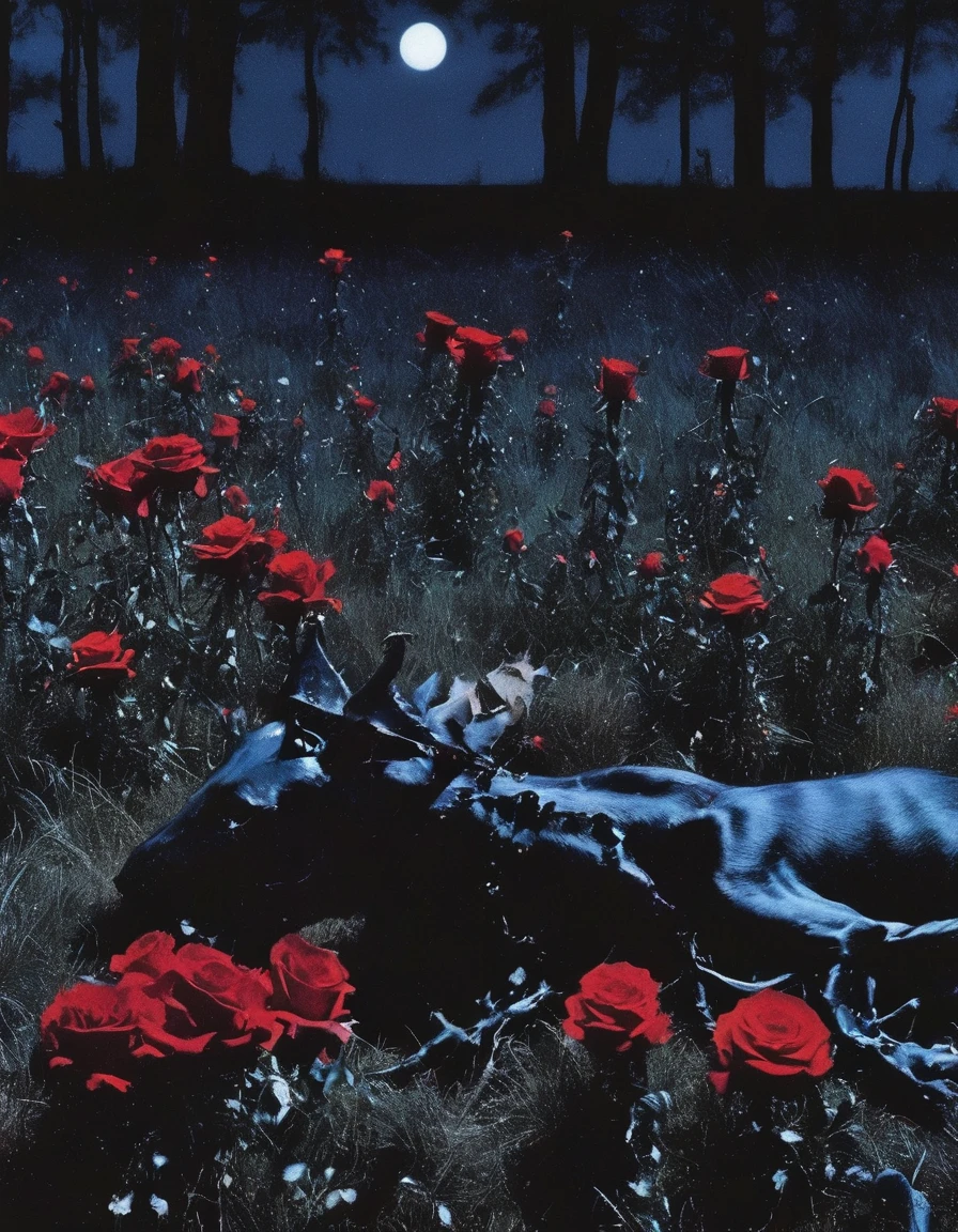 film photography, vintage, long view of red roses field with horror creatures , blue dark forest night background