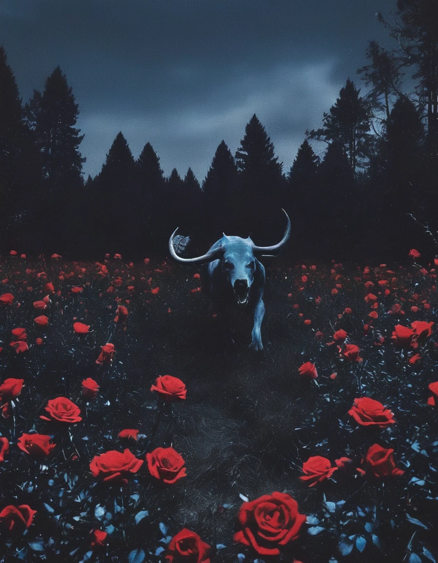 film photography, vintage, long view of red roses field with horror creatures , blue dark forest night background