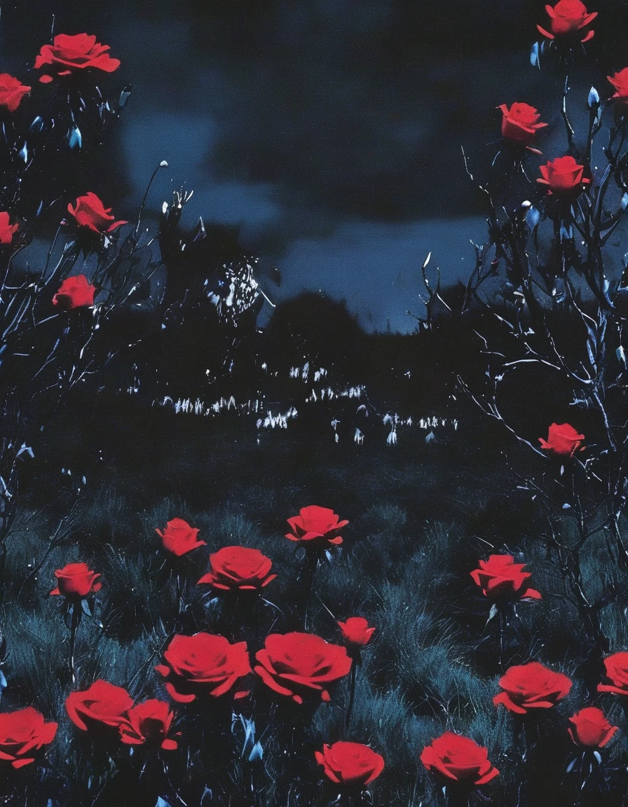 film photography, vintage, long view of red roses field with horror creatures , blue dark forest night background
