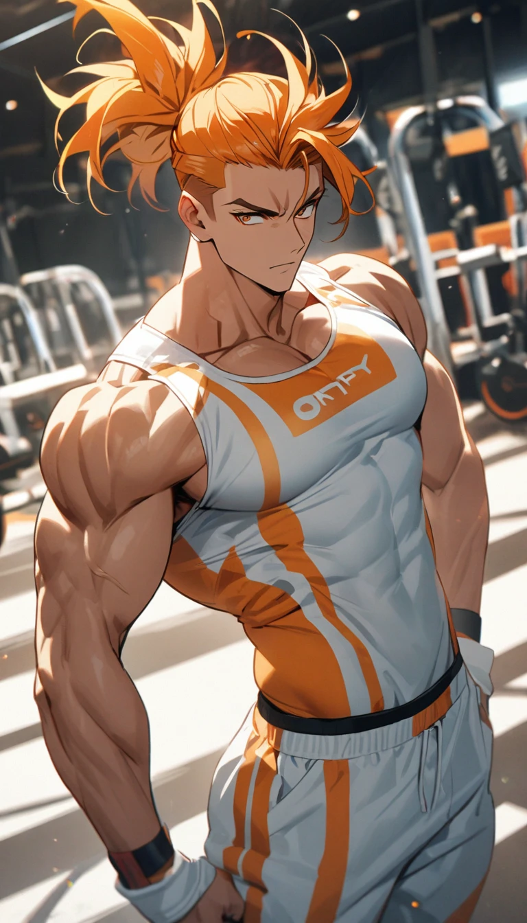 A muscular man wearing orange and white fitness clothing，Cool hairstyle