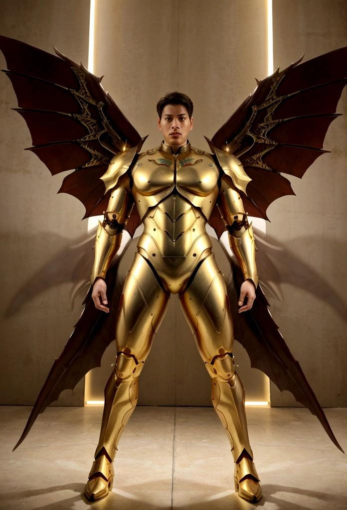 A MAN, HANDSOME FACE, GOLD DRAGON, MECHA ARMOR FULL SUIT, (A PAIR LARGEST WINGS), TRANSPARANT, TALL LEGS, STANDING, MUSCULAR BODY.