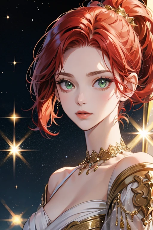 (​masterpiece、top-quality、top-quality、photorealistic、Beautifully Aesthetic:1.2)、(1girl in beautiful white dress)、Extreme details、colourful、highest detail、photorealistic、Unity 8k Wallpaper、ultra-detailed art、Beautifully Aesthetic、1girl with Beautiful face、​masterpiece、top-quality、Holy Light、Gold leaf art、glittering shards of light, magical glow、((short red hair:1.7))、(Beautiful hairstyle:1.4)