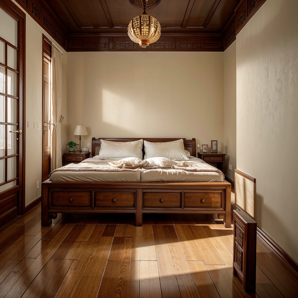(Chinese interior, , realistic documentary photography, showing history,)bedroom, front of perspective, fan detail, jun porcelain hand fan, parquet floor, calm elegance, auspicious cloud mural,