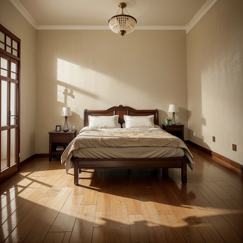 (Chinese interior, , realistic documentary photography, showing history,)bedroom, front of perspective, fan detail, jun porcelain hand fan, parquet floor, calm elegance, auspicious cloud mural,