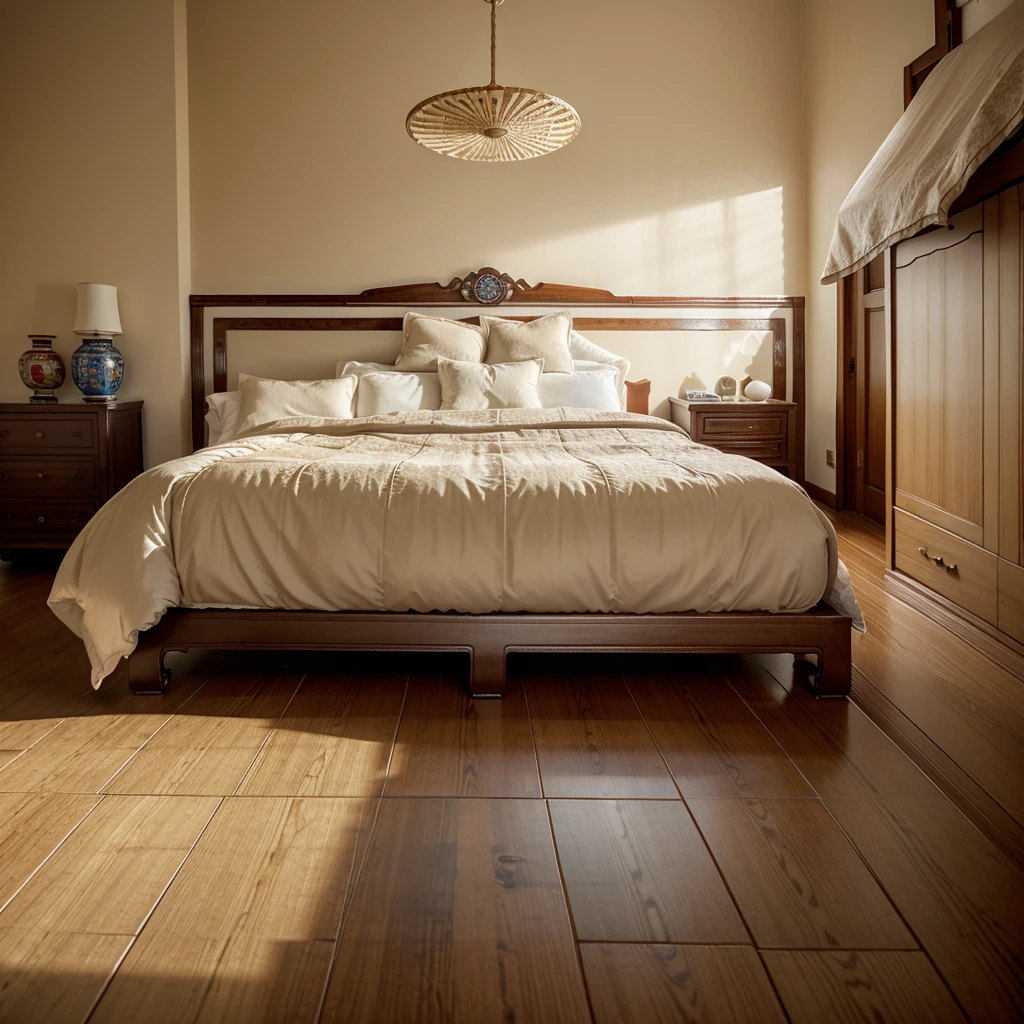 (Chinese interior, , realistic documentary photography, showing history,)bedroom, front of perspective, fan detail, jun porcelain hand fan, parquet floor, calm elegance, auspicious cloud mural,
