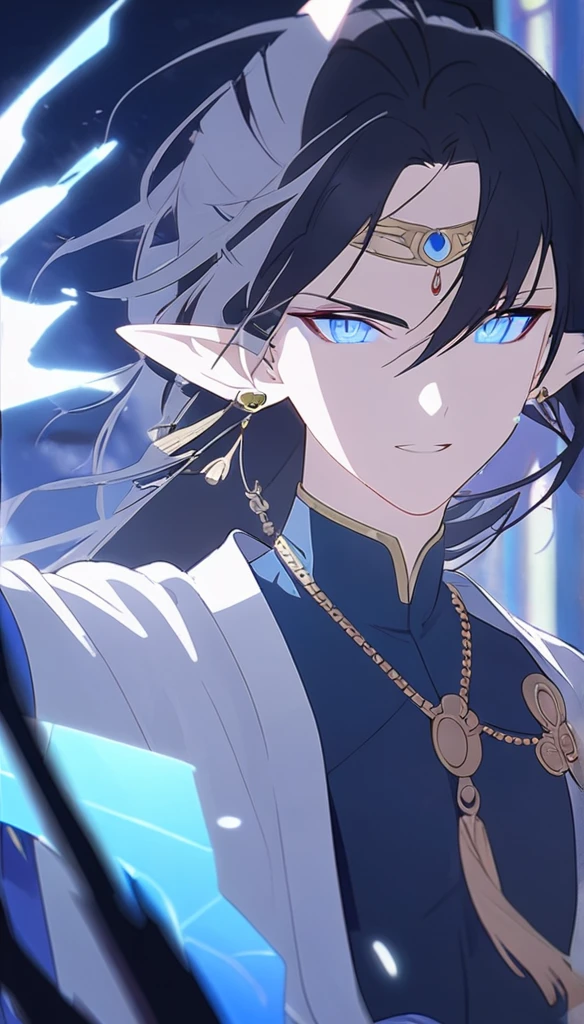 1man, elven ears, electric god, blue black hair, short hairstyle, glowing blue eyes, blue electric spark, thai priest, elegant thai clothes,