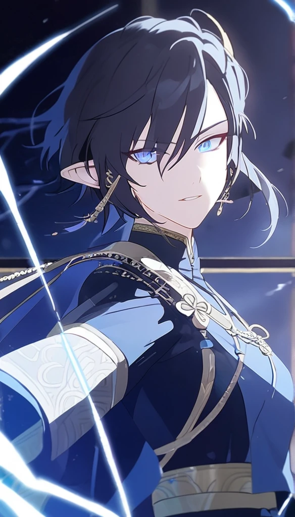 1man, elven ears, electric god, blue black hair, short hairstyle, glowing blue eyes, blue electric spark, thai priest, elegant thai clothes,