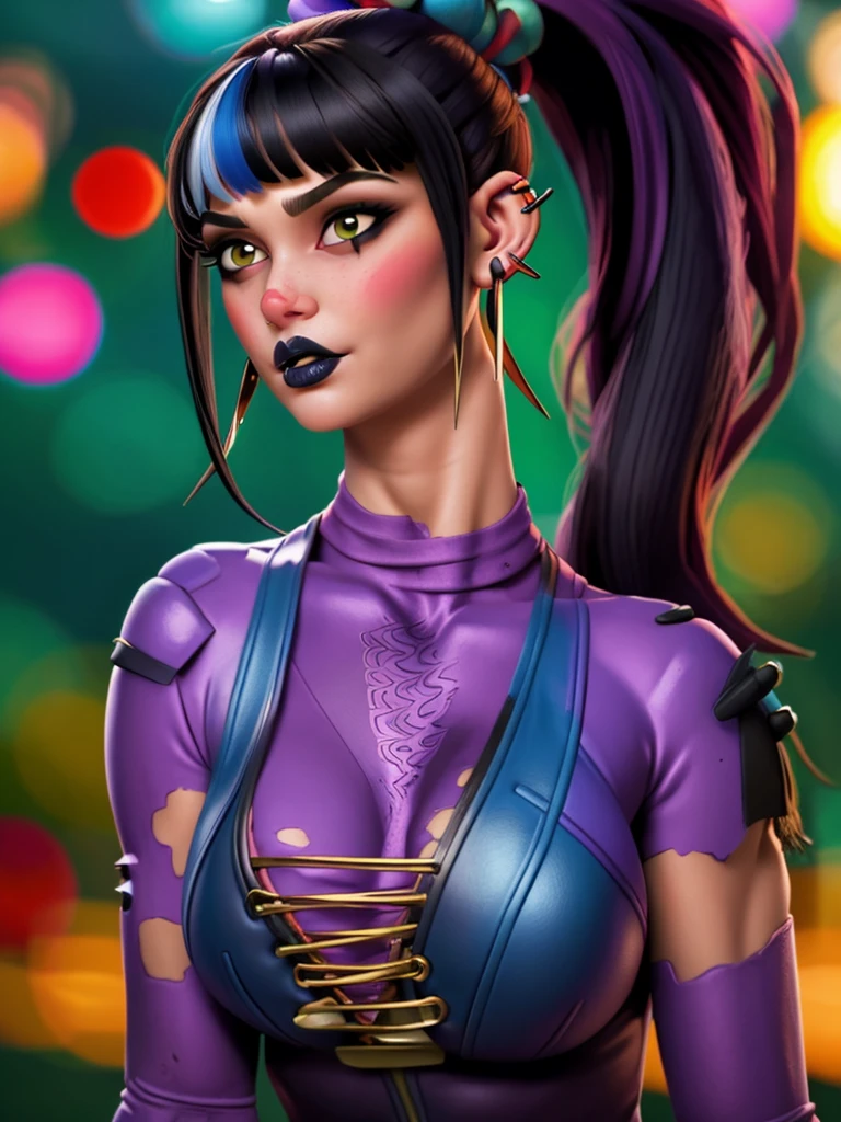 punchline, 1girl, solo, long hair, breasts, looking at viewer, bangs, black hair, cleavage, medium breasts, upper body, ponytail, multicolored hair, spikes, earring spikes, blurry background, lips, black lips, ear piercing spikes, blush stickers 