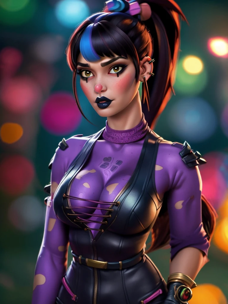 punchline, 1girl, solo, long hair, breasts, looking at viewer, bangs, black hair, cleavage, medium breasts, upper body, ponytail, multicolored hair, spikes, earring spikes, blurry background, lips, black lips, ear piercing spikes, blush stickers 