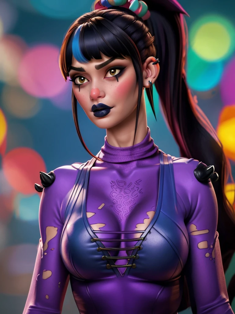 punchline, 1girl, solo, long hair, breasts, looking at viewer, bangs, black hair, cleavage, medium breasts, upper body, ponytail, multicolored hair, spikes, earring spikes, blurry background, lips, black lips, ear piercing spikes, blush stickers