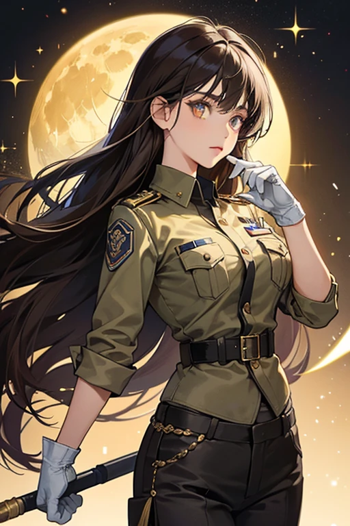 she has a black/dark-brown long side fringe hair and golden eyes. sHe wears a short-sleeved khaki Indonesian police uniform with a Moon Orchid in her left pocket, dark brown pants, and white gloves. SPARKLE; GLITTER
