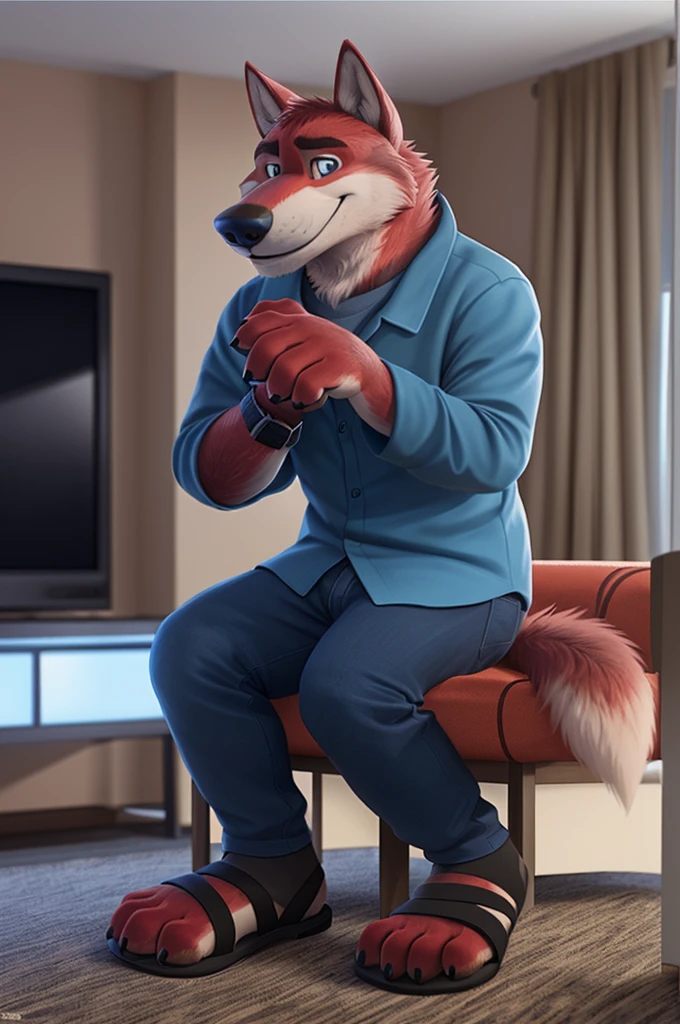 Ivan Fedorovich Wolfbach (Novosibirsk) ,tall handsome, wolf,young, 24 years, brown fur,Kind,(red body:1.3),beautiful blue eyes,Novosibirsk,dressed, plaid shirt, jeans,socks, sandals,canine, wolf, detailed fur, male, second, paw pads, finger claws,At the viewer, 5 fingers, paws, 5 fingers, smile, wrist watch, т nextel,by xenoforge, (difficult, high detail, digital photography, soft focus, RAW variety дома, apartment,TV,wall,TV,Very close to the camera, variety,Novosibirsk, smile, good mood, positive, Very close to the camera, plaid shirt,
Photorealism, realistic, photorealistic, digital style, Subsurface scattering,I look at the viewer,is sitting, looks at the mirror, men's cosmetics, perfume perfumery, plaid shirt,
masterpiece, Best quality, ultra realistic, 8 thousand.)