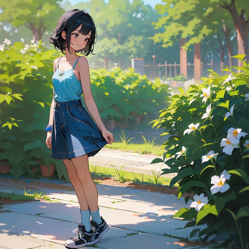(high quality, High resolution, Very detailed, reality:1.37), Peaceful atmosphere, (Outdoor, garden), Teenage girl standing alone, (my breasts are big.), Beautiful details, Cute Smile, (Black bob hair), camisole, Denim skirt, Blue socks, sneakers.