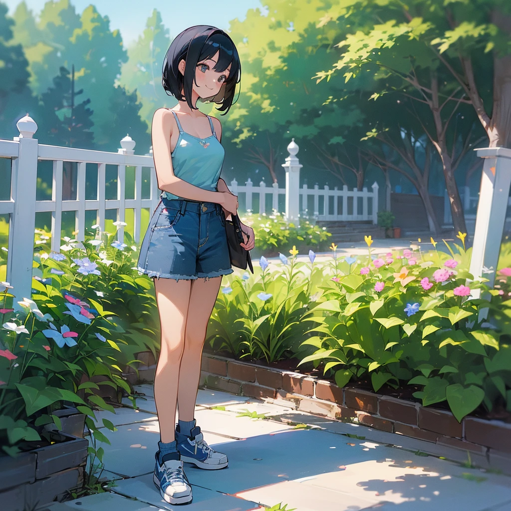 (high quality, High resolution, Very detailed, reality:1.37), Peaceful atmosphere, (Outdoor, garden), Teenage girl standing alone, (my breasts are big.), Beautiful details, Cute Smile, (Black bob hair), camisole, Denim skirt, Blue socks, sneakers.