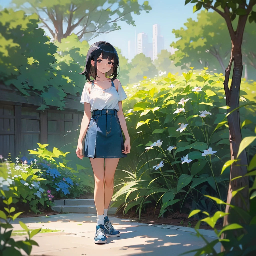 (high quality, High resolution, Very detailed, reality:1.37), Peaceful atmosphere, (Outdoor, garden), age girl standing alone, (my breasts are big.), Beautiful details, Cute Smile, (Black bob hair), camisole, Denim skirt, Blue socks, sneakers.