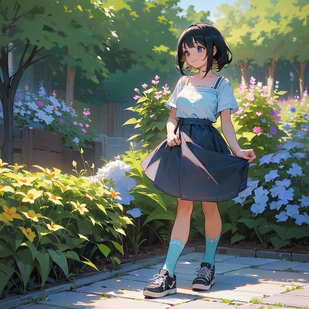 (high quality, High resolution, Very detailed, reality:1.37), Peaceful atmosphere, (Outdoor, garden), Teenage girl standing alone, (my breasts are big.), Beautiful details, Cute Smile, (Black bob hair), camisole, Denim skirt, Blue socks, sneakers.