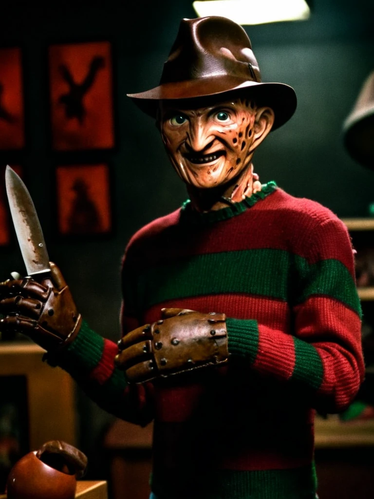 Freddy Krueger in a toys room, dark background, horror lighting, creepy, dirty fornitures, close-up, smiling, cinematic, film still, brown knife glove