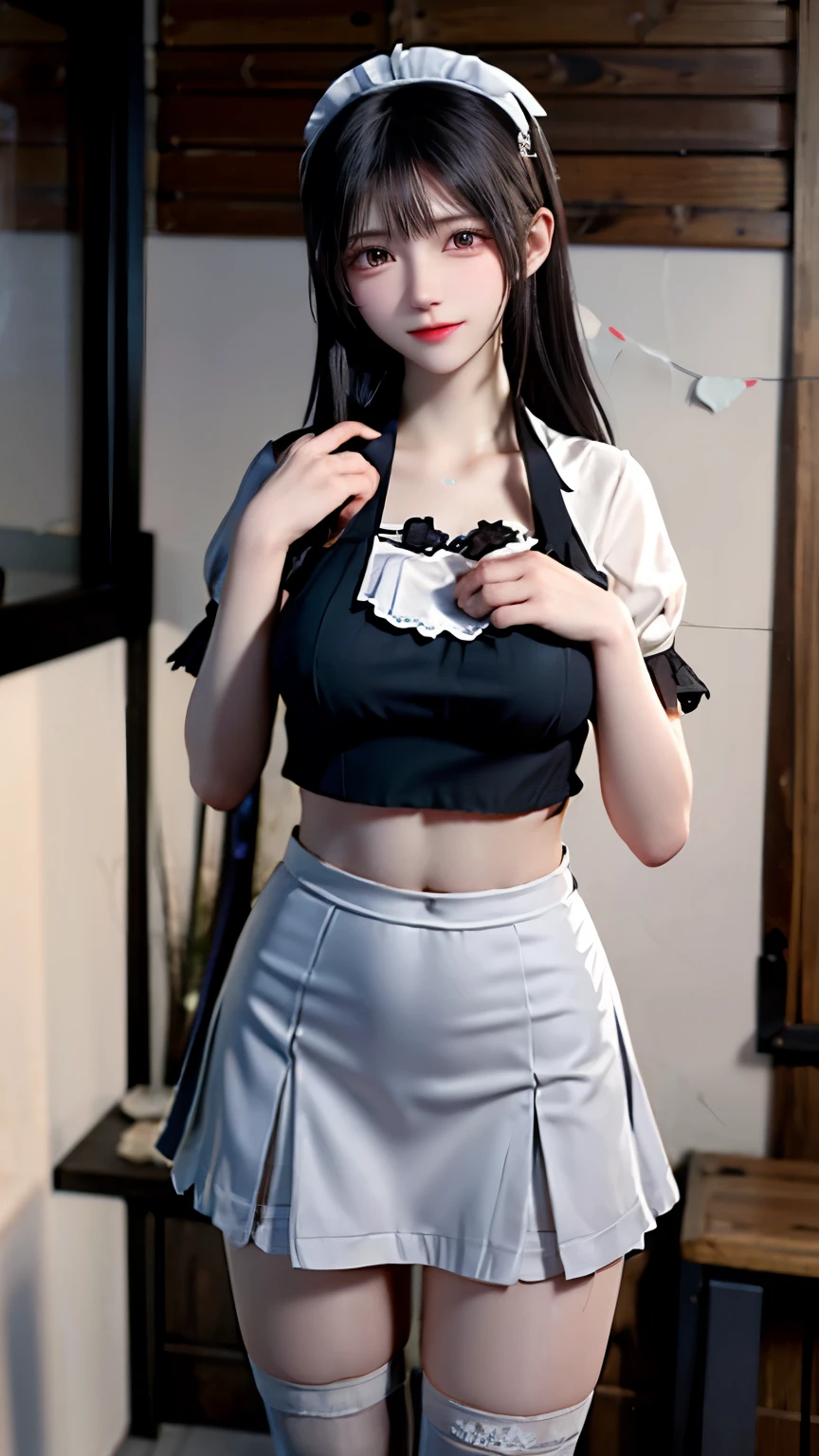 ((Women in crop top waitress button shirt)), dress properly, showing navel, (bow on the chest), show belly, holding food, realistic navel shape 