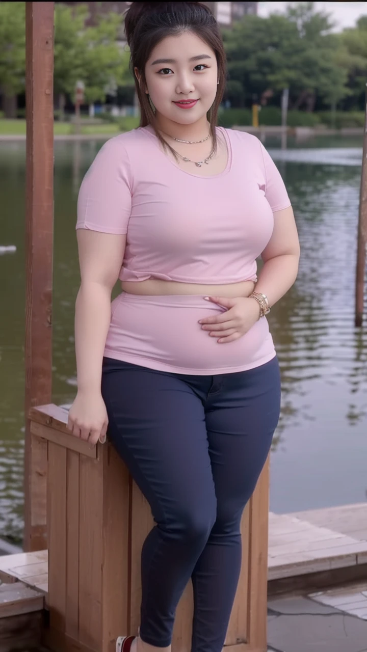 ((best quality)), ((masterpiece)), (detailed), perfect face, araffe woman in a long dark-blue shirt and blue denim skirt walking down a street, thicc, wavy short hair , she has a jiggly fat round belly, bbwchan, wearing tight simple clothes, skinny waist and thick hips, widest hips, her belly is fat and round, soft curvy shape, hyperrealistic full figure, wearing a cute top, wide hips, wearing 10 bracelet , wearing huge diamond necklace
