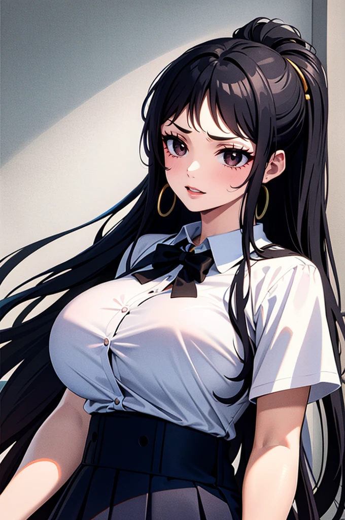  nari, black eyes, black hair, long hair, , school dress,drop dangle earrings 