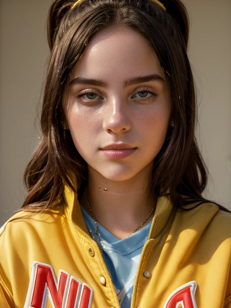 ((Close-up portrait):1.5), A beautiful 22-year-old girl, in a high school in the 90s, sitting on a bleacher, looking at the viewer, wearing a vintage American soccer jacket. ((22-year-old girl:1.5)), ((vintage American soccer jacket:1.5)), ((looking at the viewer:1.5)), (sitting in a bleacher:1.2), (90s themed:1.3), (high school:1.2), 16k, UHD, best quality, high details, anatomically correct, masterpiece, ambient lighting.