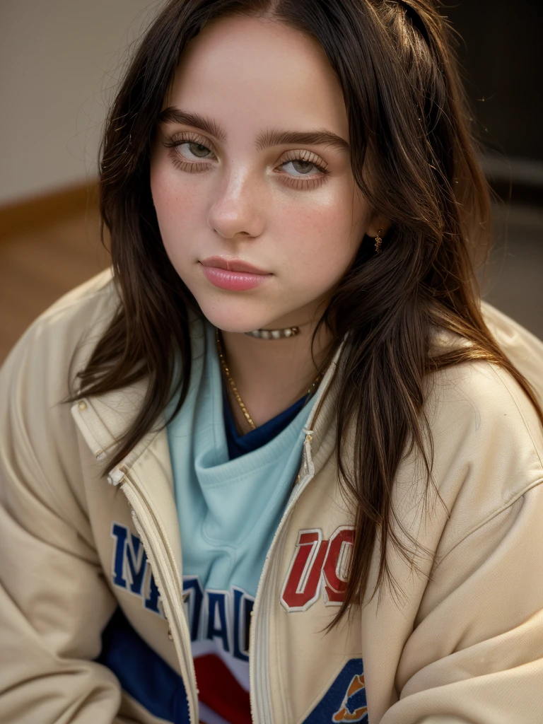 ((Close-up portrait):1.5), A beautiful 22-year-old girl, in a high school in the 90s, sitting on a bleacher, looking at the viewer, wearing a vintage American soccer jacket. ((22-year-old girl:1.5)), ((vintage American soccer jacket:1.5)), ((looking at the viewer:1.5)), (sitting in a bleacher:1.2), (90s themed:1.3), (high school:1.2), 16k, UHD, best quality, high details, anatomically correct, masterpiece, ambient lighting.