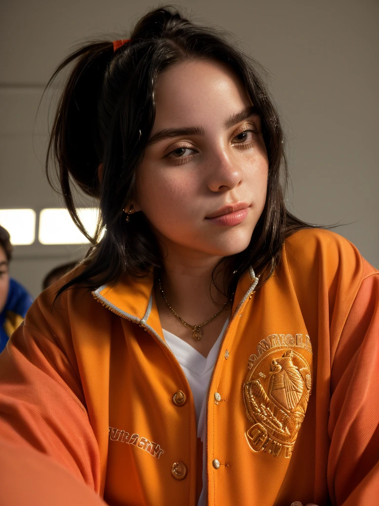 ((Close-up portrait):1.5), A beautiful 22-year-old girl, in a high school in the 90s, sitting on a bleacher, looking at the viewer, wearing a vintage American soccer jacket. ((22-year-old girl:1.5)), ((vintage American soccer jacket:1.5)), ((looking at the viewer:1.5)), (sitting in a bleacher:1.2), (90s themed:1.3), (high school:1.2), 16k, UHD, best quality, high details, anatomically correct, masterpiece, ambient lighting.