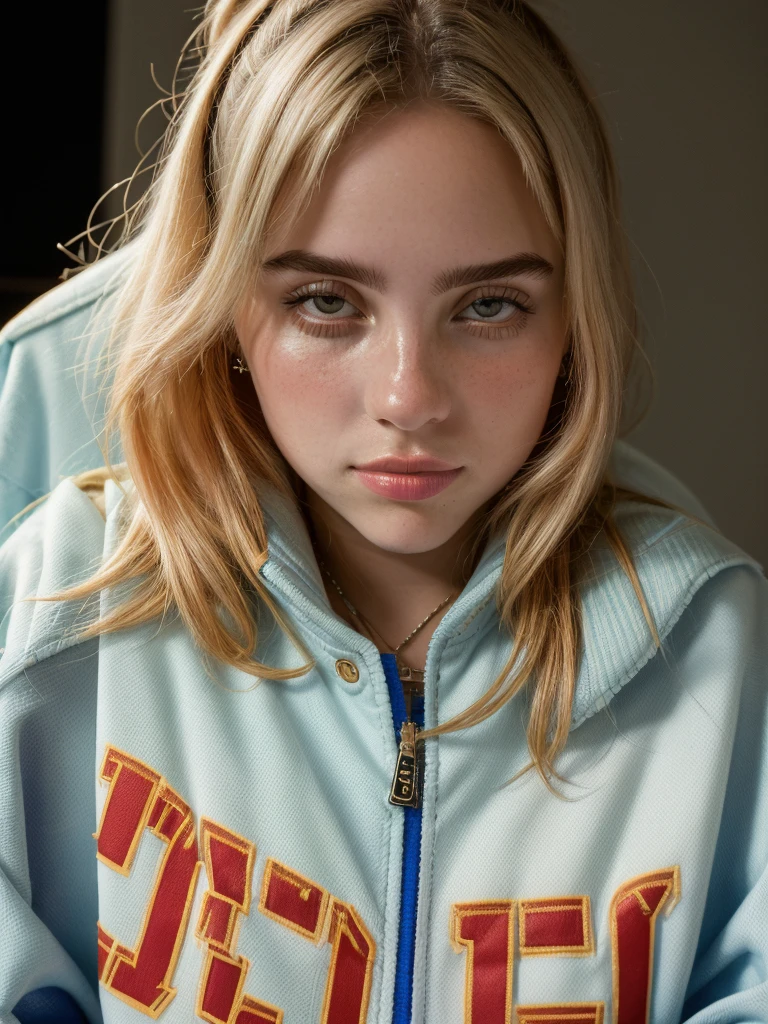 ((Close-up portrait):1.5), A beautiful 22-year-old girl, in a high school in the 90s, sitting on a bleacher, looking at the viewer, wearing a vintage American soccer jacket. ((22-year-old girl:1.5)), ((vintage American soccer jacket:1.5)), ((looking at the viewer:1.5)), (sitting in a bleacher:1.2), (90s themed:1.3), (high school:1.2), 16k, UHD, best quality, high details, anatomically correct, masterpiece, ambient lighting.