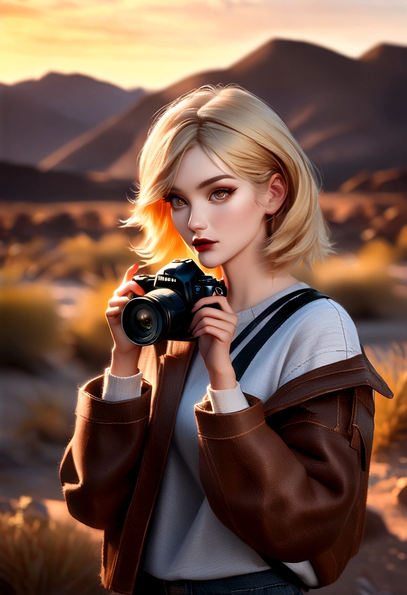 blonde girl, death valley national park, in the style of anka zhuravleva, nikon d850, gino severini, normcore, photo-realistic techniques, camera tossing, uhd image ,(upper body)