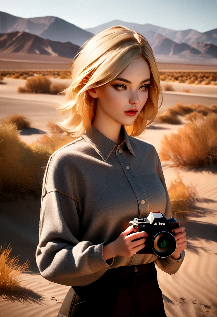 blonde girl, death valley national park, in the style of anka zhuravleva, nikon d850, gino severini, normcore, photo-realistic techniques, camera tossing, uhd image ,(upper body)