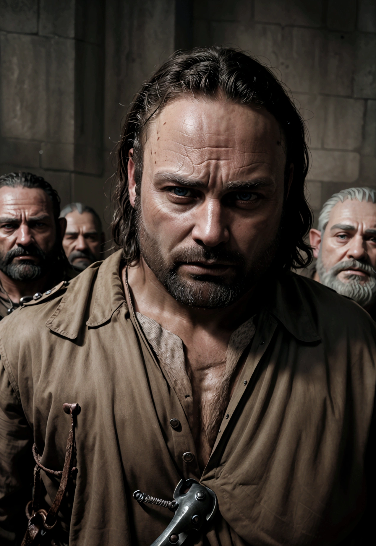 photorealistic, 1man, Rick Grimes, detailed face, beautiful detailed eyes, beautiful detailed lips, extremely detailed face, detailed muscular body, 5dwarfs, angry dwarfs, dwarfs in medieval fantasy outfits, dwarfs bullying Rick, dramatic lighting, cinematic composition, moody atmosphere, dark fantasy style, gritty and realistic, Unreal Engine, 8K, HDR, highly detailed