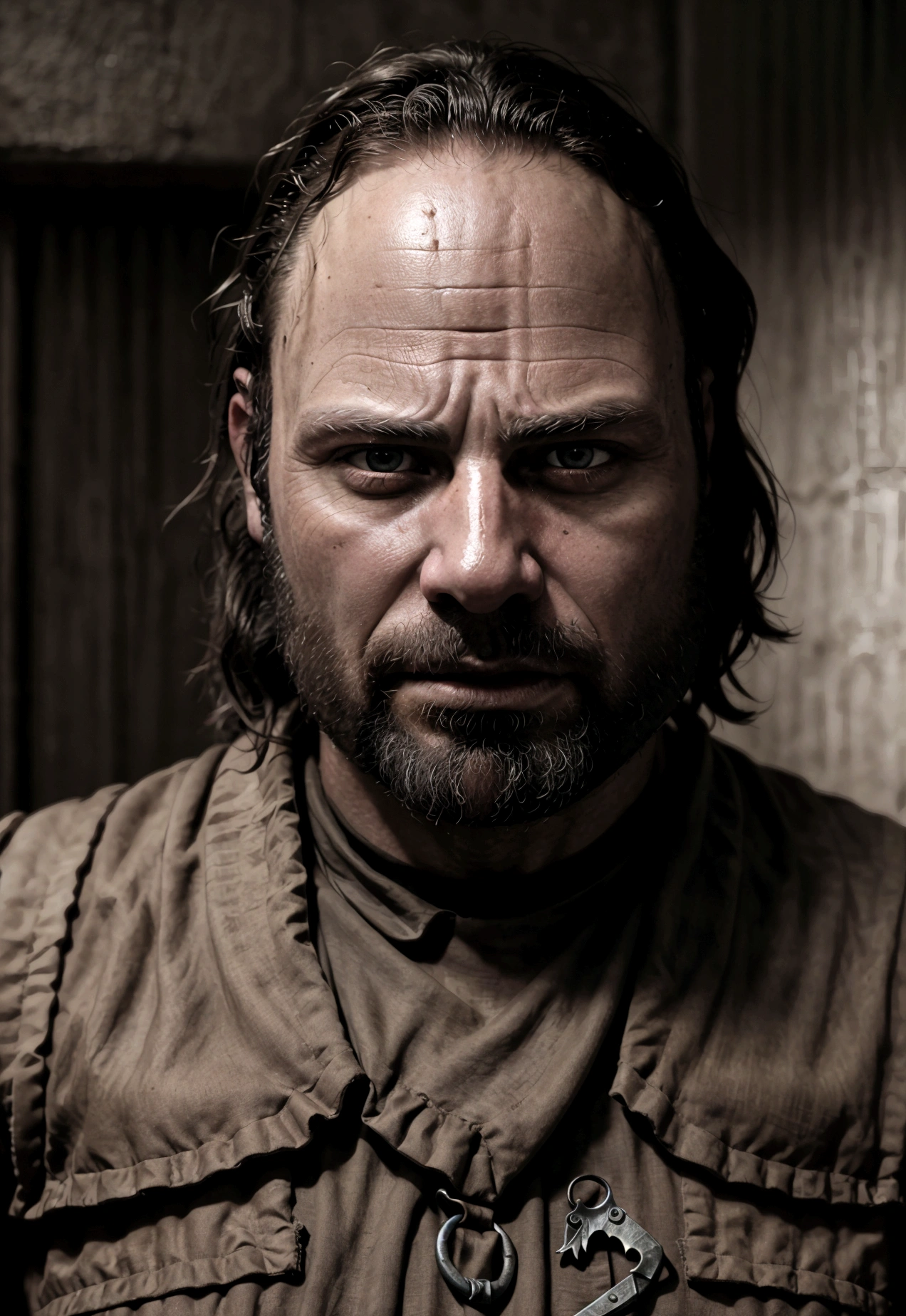 photorealistic, 1man, Rick Grimes, detailed face, beautiful detailed eyes, beautiful detailed lips, extremely detailed face, detailed muscular body, 5dwarfs, angry dwarfs, dwarfs in medieval fantasy outfits, dwarfs bullying Rick, dramatic lighting, cinematic composition, moody atmosphere, dark fantasy style, gritty and realistic, Unreal Engine, 8K, HDR, highly detailed