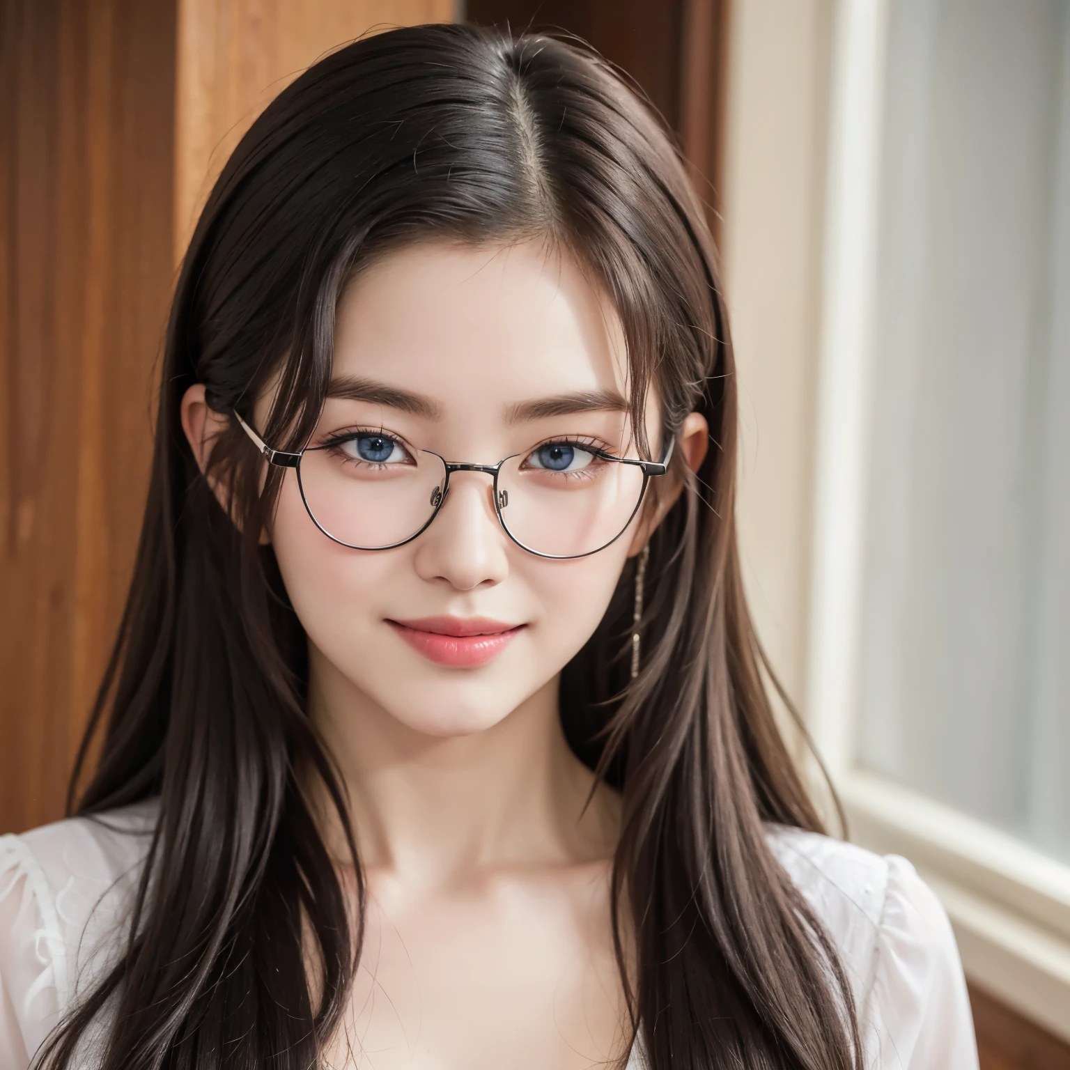 (Best quality, masterpiece, detailed), (RAW, 4k, hd images), shy, 1 girl, 17 years old, white skin, long hair, ponytail, layers hair, bangs, black hair, beautiful girl, cute girl, sweet girl, pretty girl, perfect girl, pretty eyes, blue eyes, thin lips, thin, (eye line, lip stick soft) perfect , glasses(detailed frame), indoors, smile, half body, formal clothes, close up
