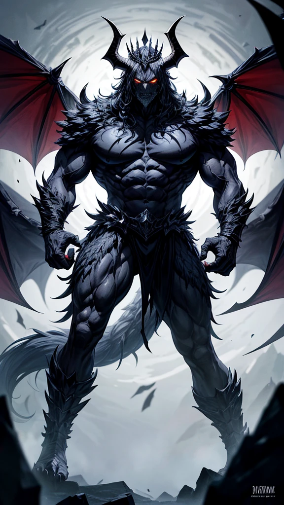 He is a massive , imposing creature standing over 12 feet tall. With dark, obsidian scales covering his body and sharp crimson eyes that seem to pierce through the very soul, he exudes an aura of pure menace. His from is a terrifying blend of humanoid and beast, with powerful,clawed limbs and a tail that can crush stone. Large,bat-like wings span out from his back , allowing him to soar through the skies with an eerie grance . His head is adorned with a crown of jagged horns , and his maw is filled with razor-sharp teeth capable of shredding steel.
