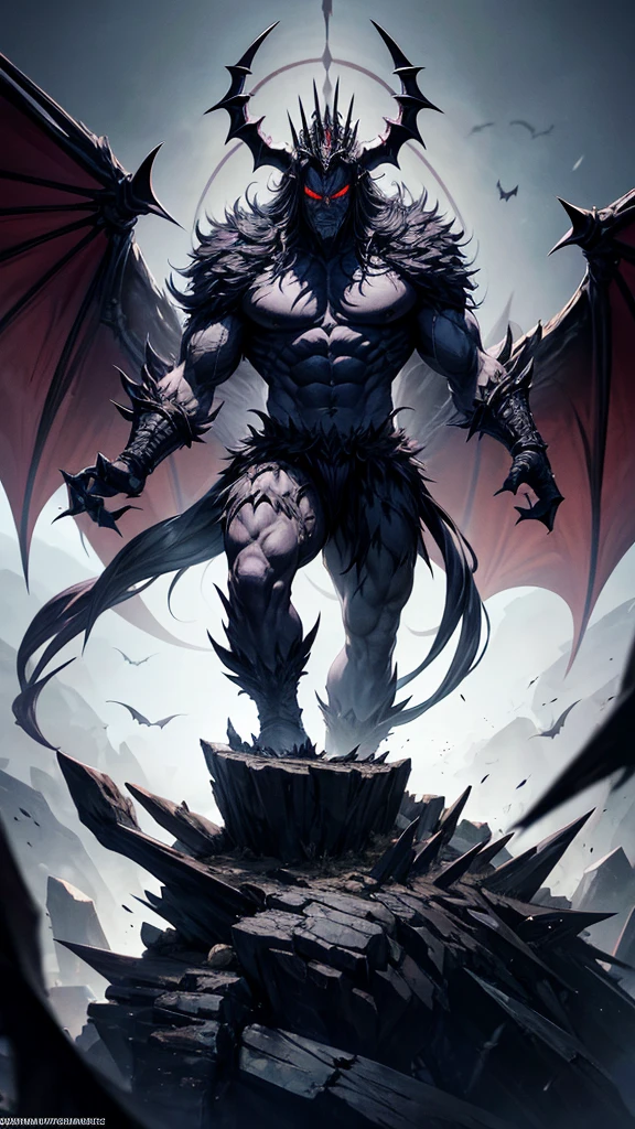 He is a massive , imposing creature standing over 12 feet tall. With dark, obsidian scales covering his body and sharp crimson eyes that seem to pierce through the very soul, he exudes an aura of pure menace. His from is a terrifying blend of humanoid and beast, with powerful,clawed limbs and a tail that can crush stone. Large,bat-like wings span out from his back , allowing him to soar through the skies with an eerie grance . His head is adorned with a crown of jagged horns , and his maw is filled with razor-sharp teeth capable of shredding steel.