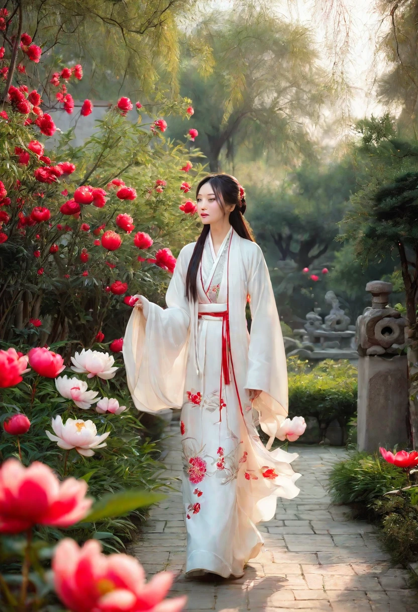 a woman wearing a white dress walking in a garden with red and white peony flowers in the foreground, a girl wearing hanfu traditional chinese clothing, long flowing hair and robe, ancient chinese garden background