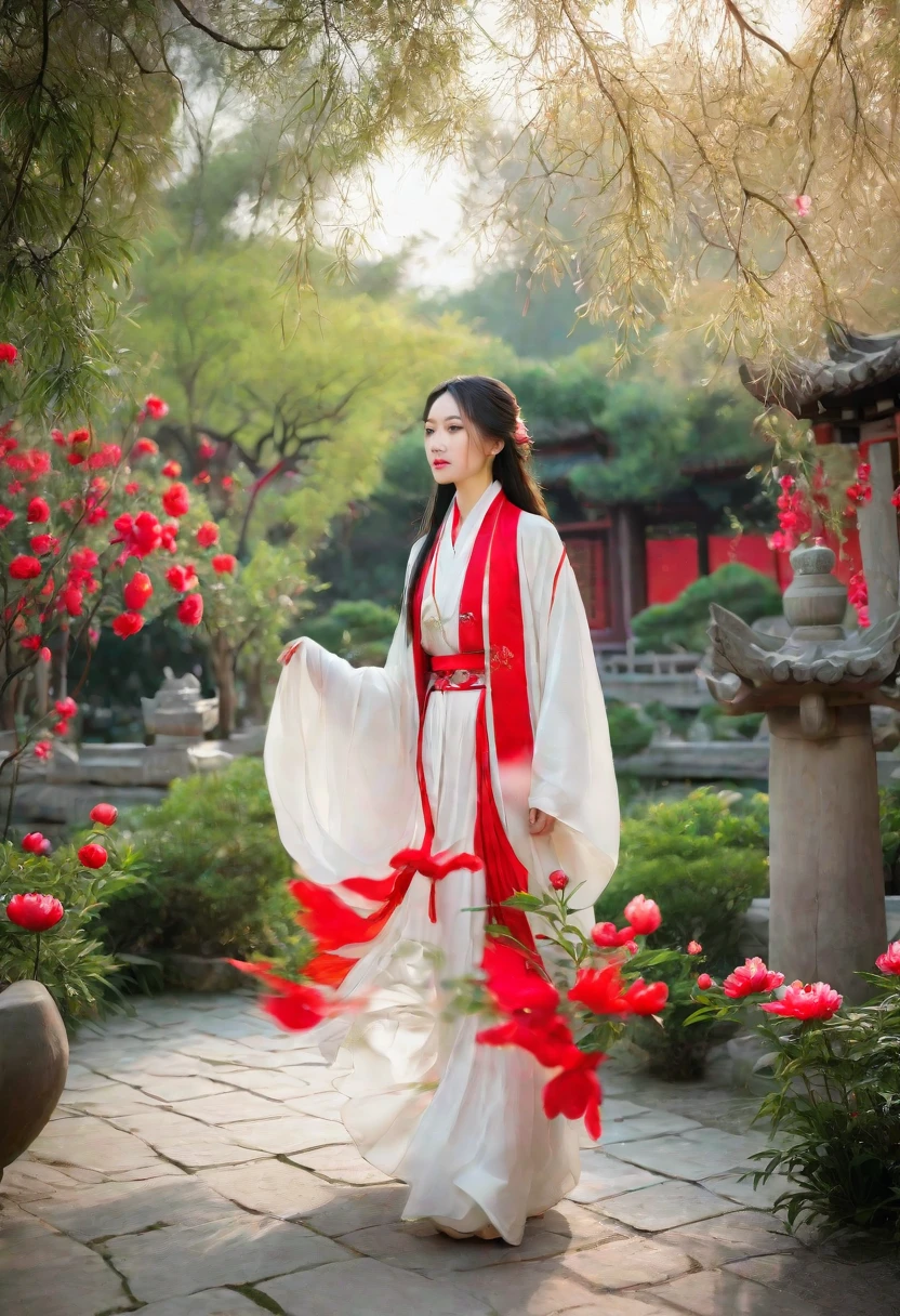 a woman wearing a white dress walking in a garden with red and white peony flowers in the foreground, a girl wearing hanfu traditional chinese clothing, long flowing hair and robe, ancient chinese garden background
