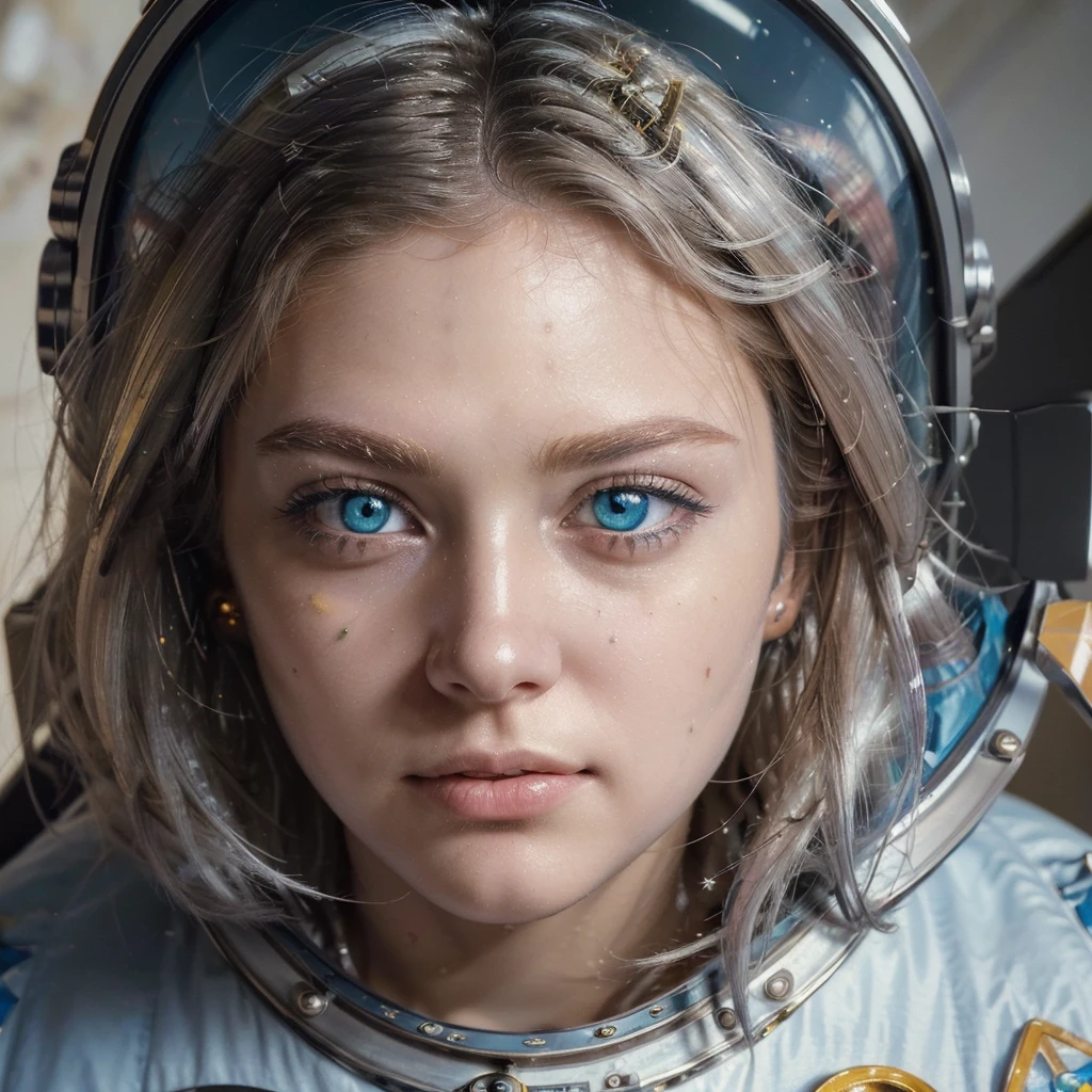 (A best quality masterpiece in close-up:1.5)0.9], (space and astronaut:1.2) (messy silver hair:1.1) (yellow eyes with heterochromia and blue eyes:1.2) (space helmet:1.0) (colorful stars in the eyes:1.0) (radiant light:1.1) (large lips:0.9)