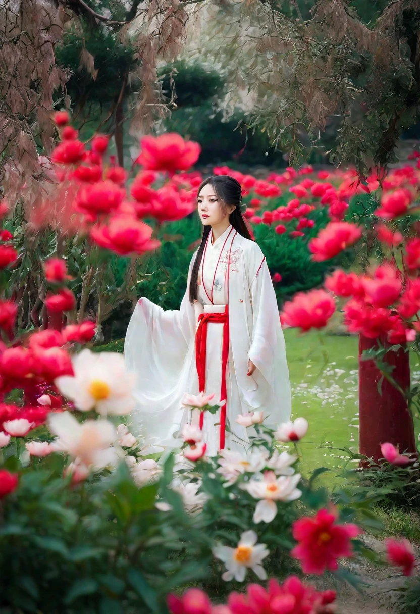 a woman wearing a white dress walking in a garden with red and white peony flowers in the foreground, a girl wearing hanfu traditional chinese clothing, long flowing hair and robe, ancient chinese garden background