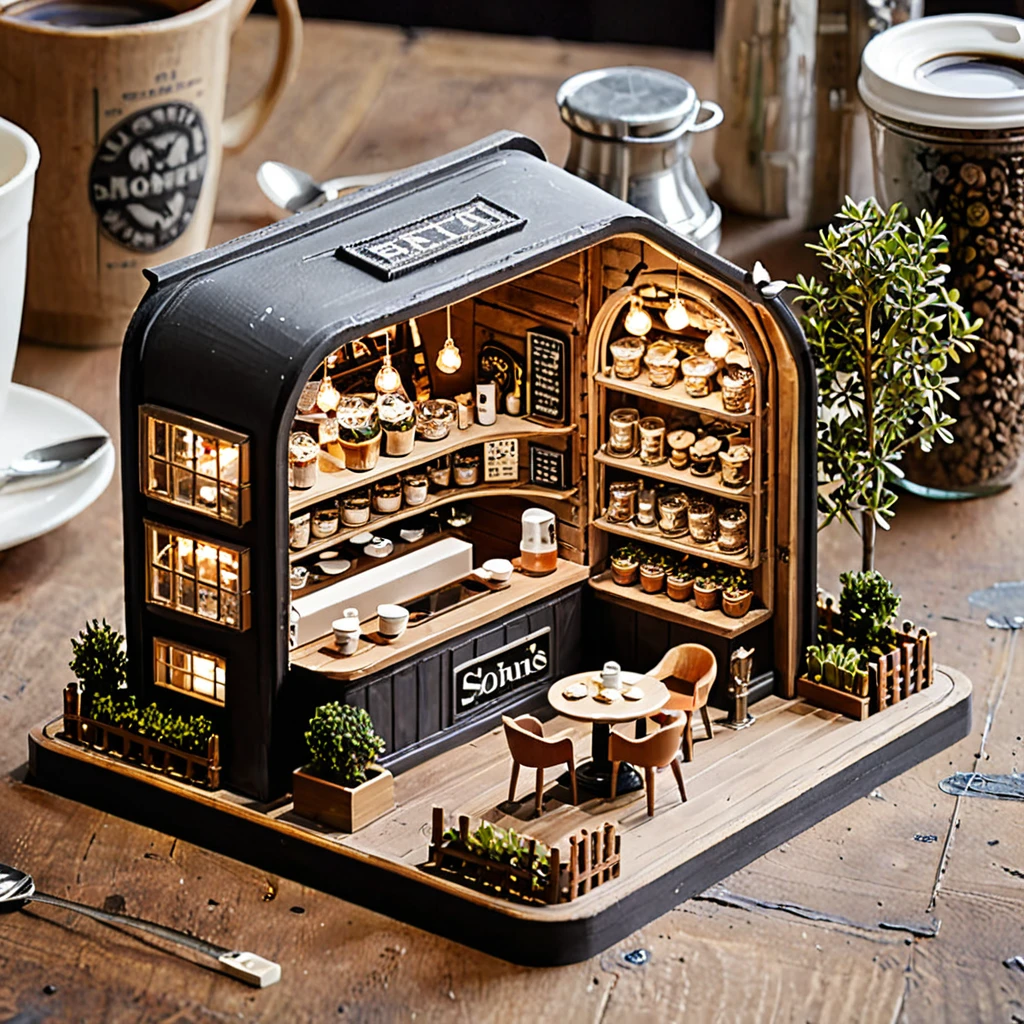 (masterpiece, top quality, best quality),(ultra-detailed, absolutely resolution),((16k, high res)),
BREAK {The miniature material is unified with balsa wood},
BREAK {miniature café inside a glass bottle. The café should feature tiny tables and chairs, a counter with a coffee machine, and shelves with pastries and coffee cups. The glass bottle should be clear and placed on a surface, with soft natural lighting to highlight the intricate details of the café setup. Include small decorative elements like potted plants, hanging lights, and a chalkboard menu to enhance the cozy atmosphere}
BREAK { (produces images with information more than 40 million pixels with cinematic-like detailed textures shot on a Sony SLR).}