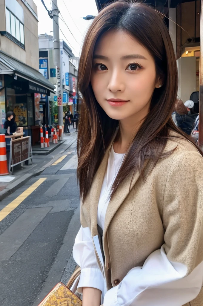 ((Highest quality)), ((masterpiece)), (detailed), Japanese,Street Corner,Beauty,Office Lady